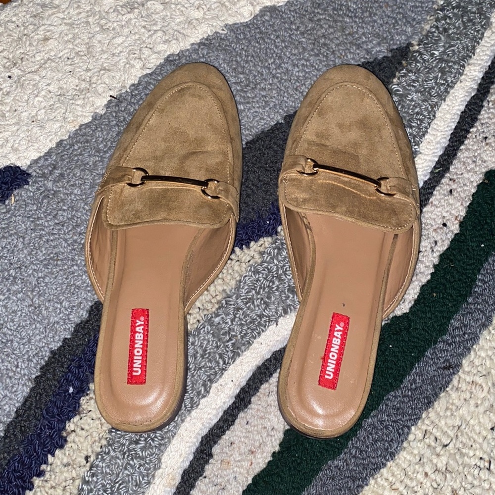 Tan Suede Mules with gold detail